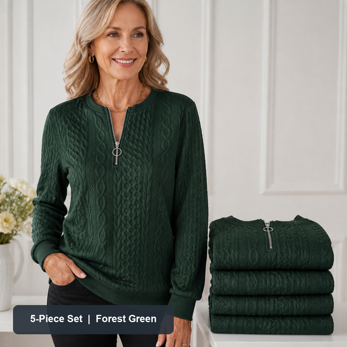 Women's Cable-Knit Quarter-Zip Pullover in Forest Green, same-color pack