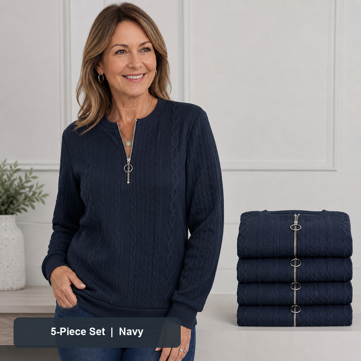 Women's Cable-Knit Quarter-Zip Pullover in Navy, same-color pack