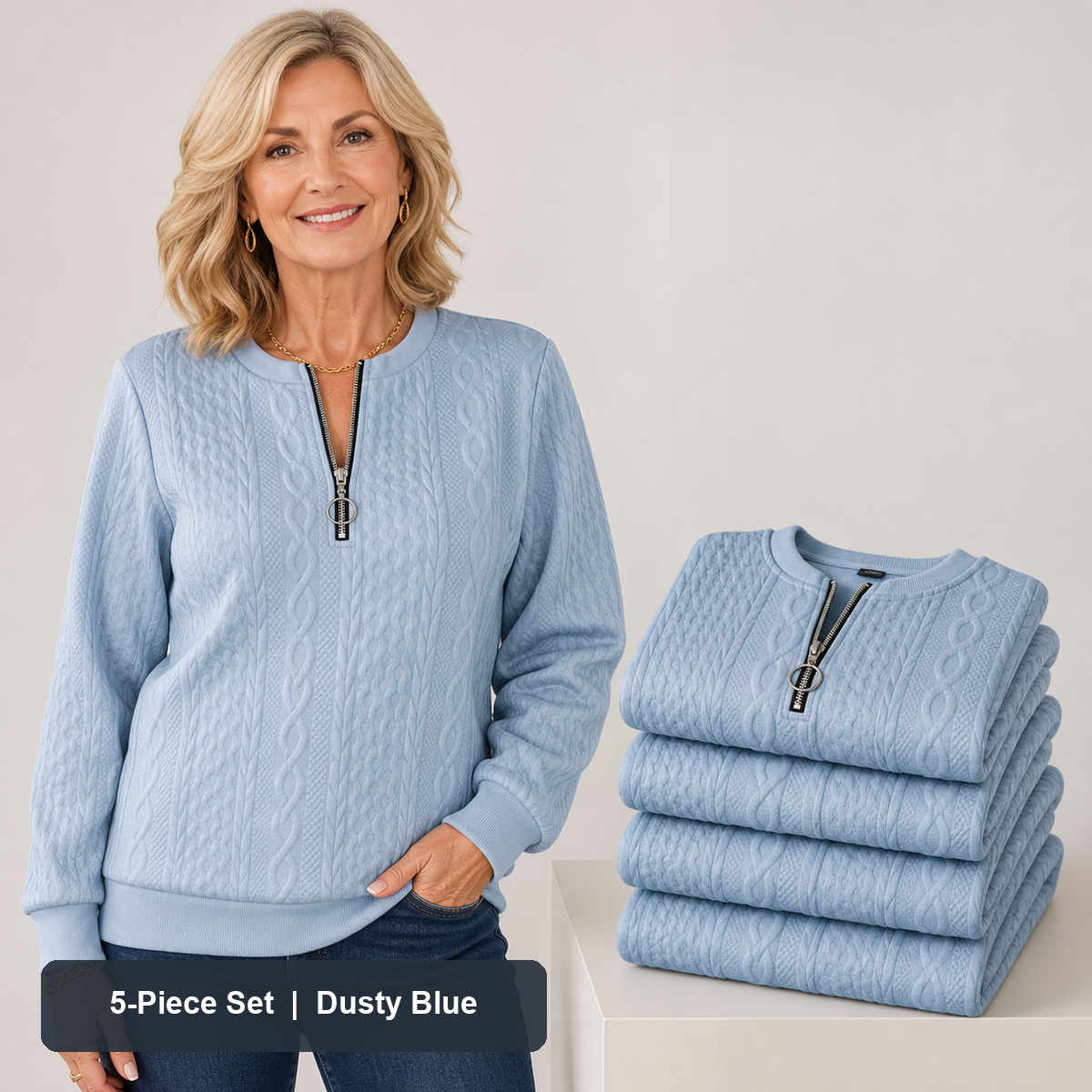 Women's Cable-Knit Quarter-Zip Pullover in Dusty Blue, same-color pack