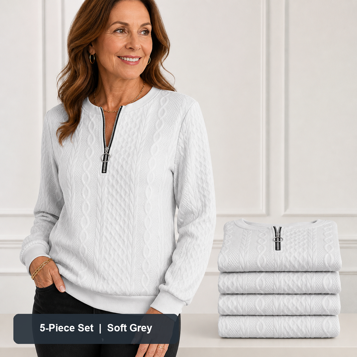 Women's Cable-Knit Quarter-Zip Pullover in Soft Grey, same-color pack