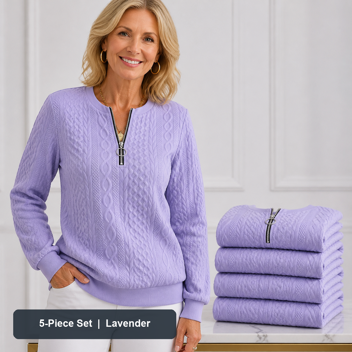 Women's Cable-Knit Quarter-Zip Pullover in Lavender, same-color pack