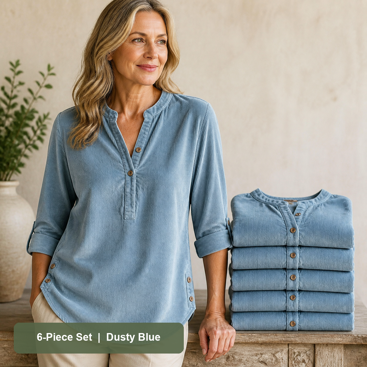 Women's Corduroy Henley Roll-Tab Tunic in Dusty Blue, same-color pack