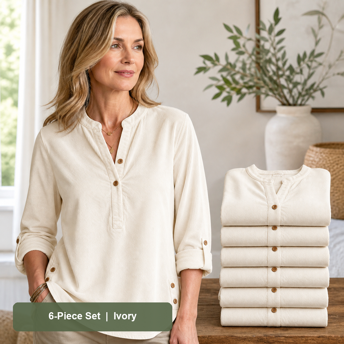 Women's Corduroy Henley Roll-Tab Tunic in Ivory, same-color pack