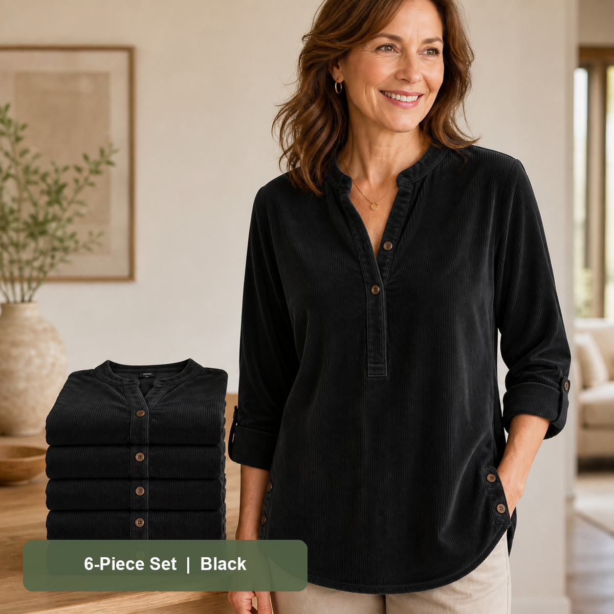Women's Corduroy Henley Roll-Tab Tunic in Black, same-color pack