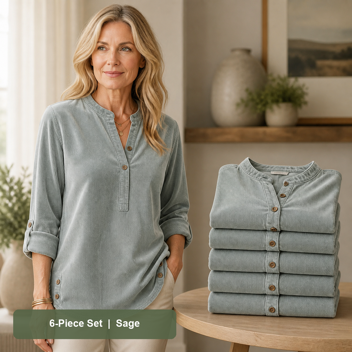 Women's Corduroy Henley Roll-Tab Tunic in Sage, same-color pack