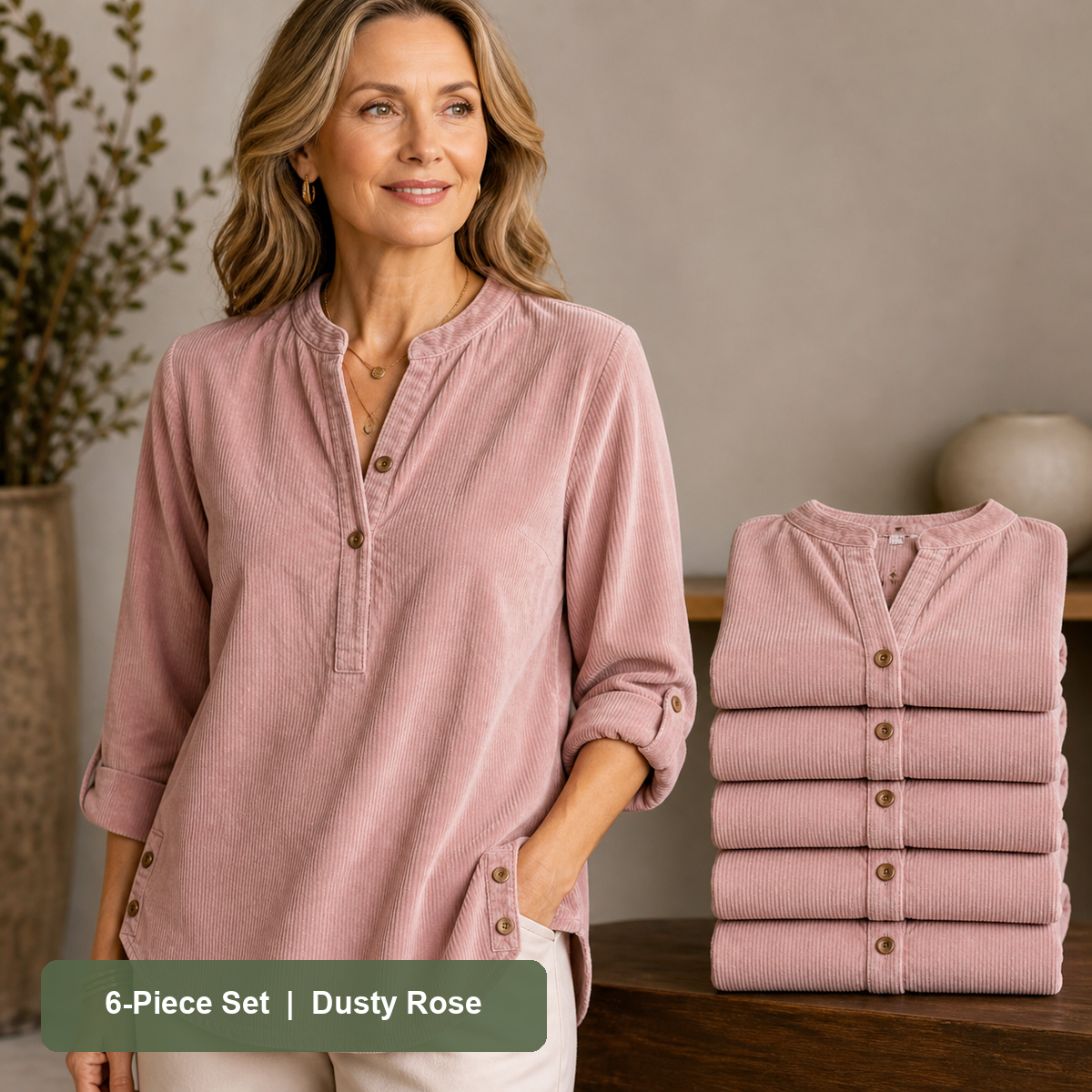 Women's Corduroy Henley Roll-Tab Tunic in Dusty Rose, same-color pack