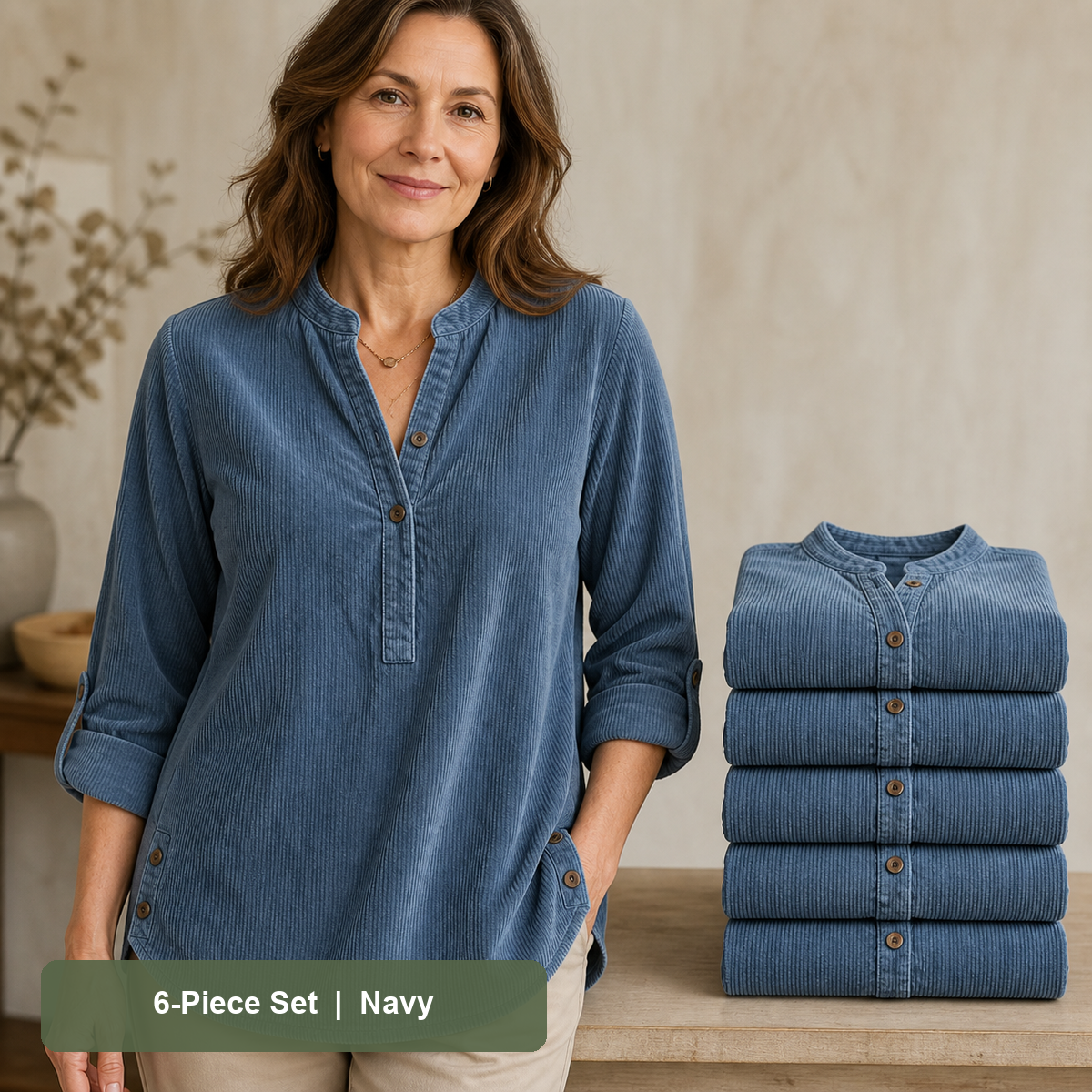 Women's Corduroy Henley Roll-Tab Tunic in Navy, same-color pack