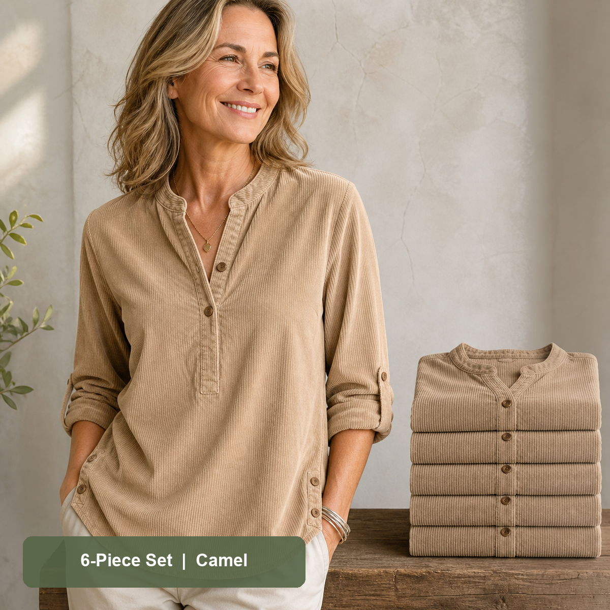 Women's Corduroy Henley Roll-Tab Tunic in Camel, same-color pack