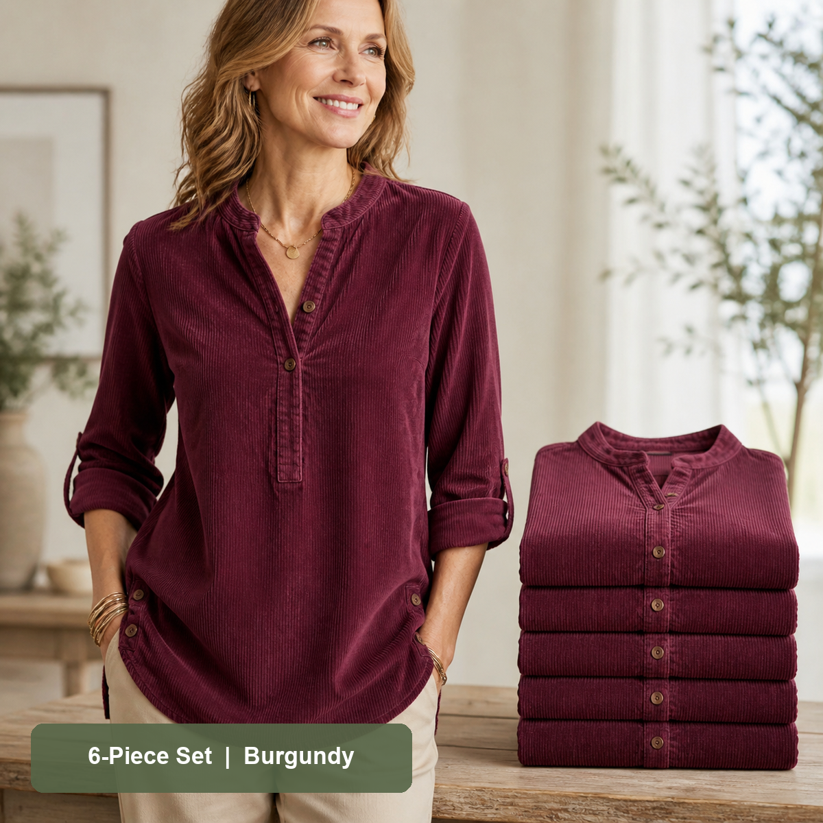 Women's Corduroy Henley Roll-Tab Tunic in Burgundy, same-color pack