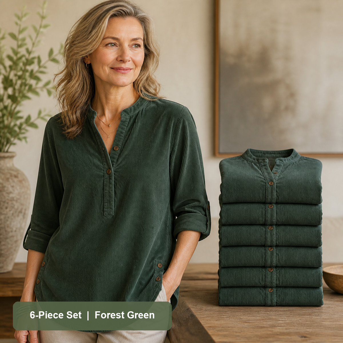 Women's Corduroy Henley Roll-Tab Tunic in Forest Green, same-color pack