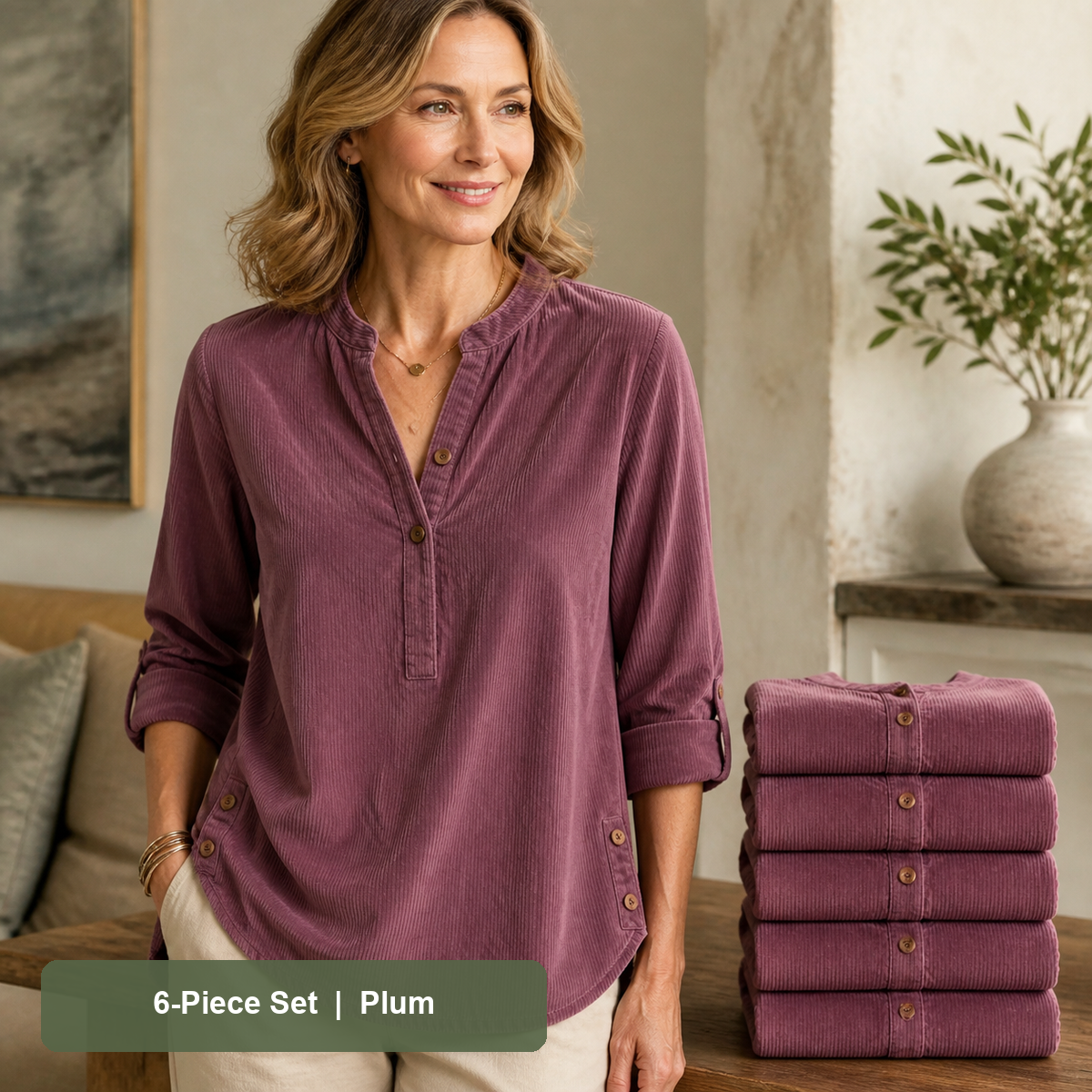 Women's Corduroy Henley Roll-Tab Tunic in Plum, same-color pack