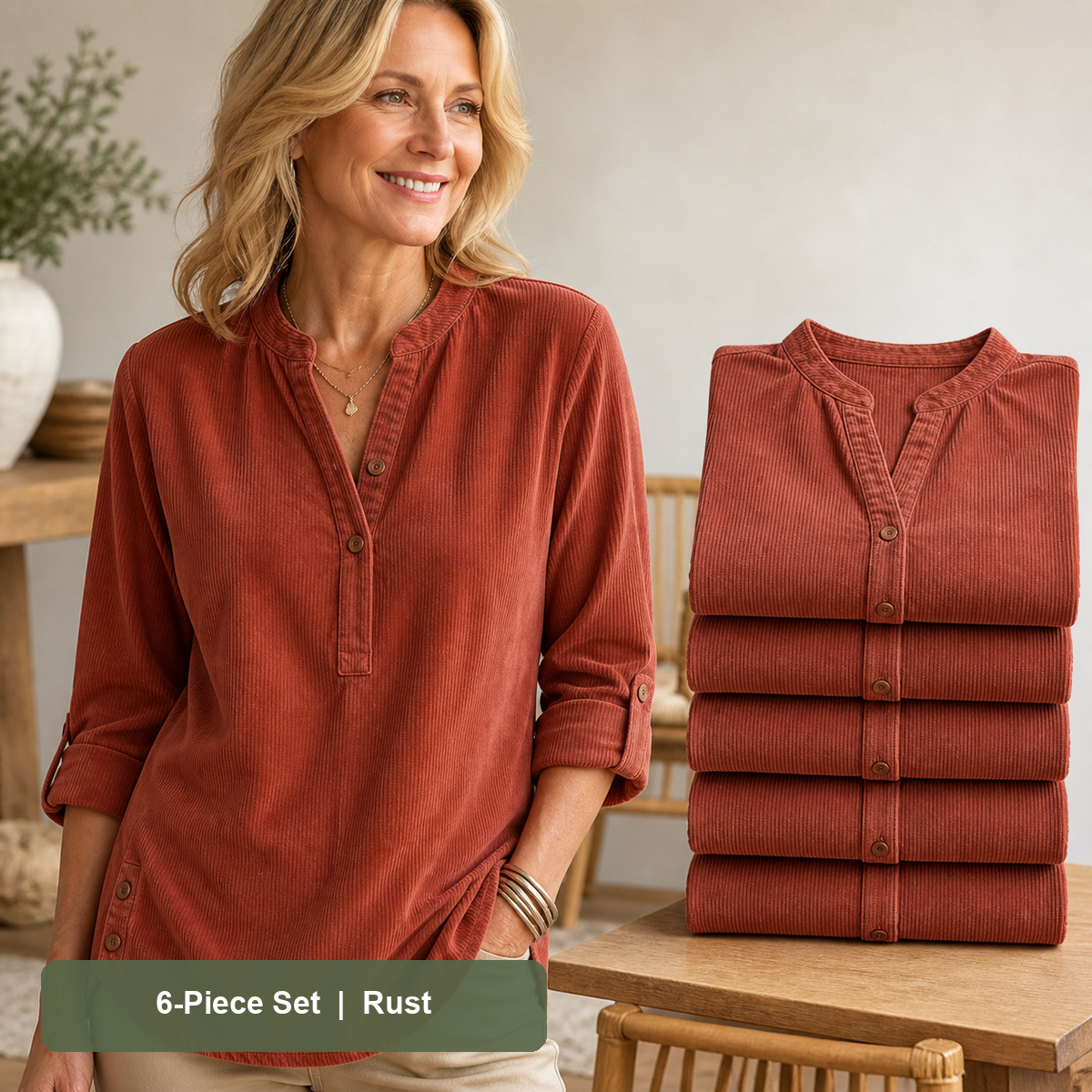 Women's Corduroy Henley Roll-Tab Tunic in Rust, same-color pack