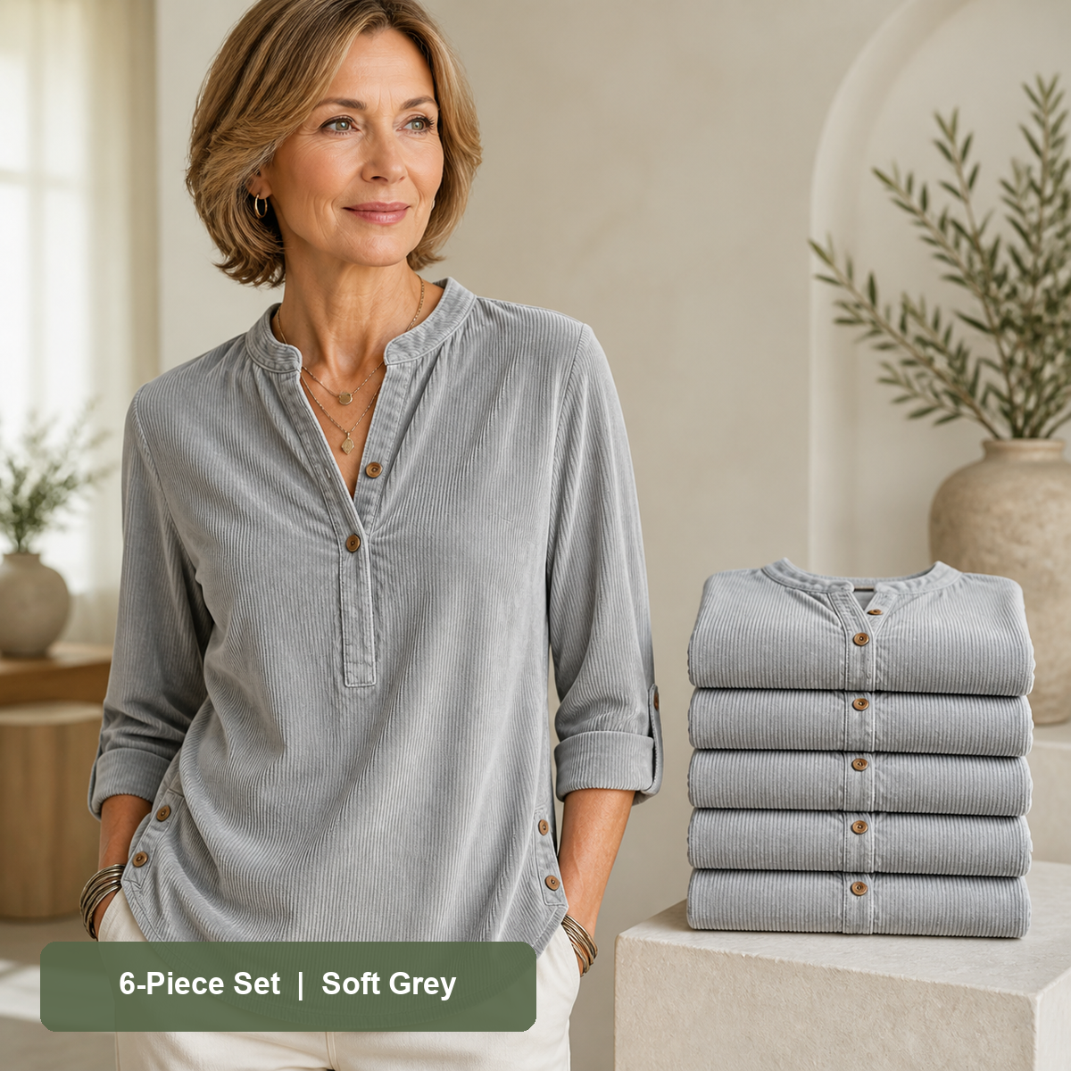 Women's Corduroy Henley Roll-Tab Tunic in Soft Grey, same-color pack