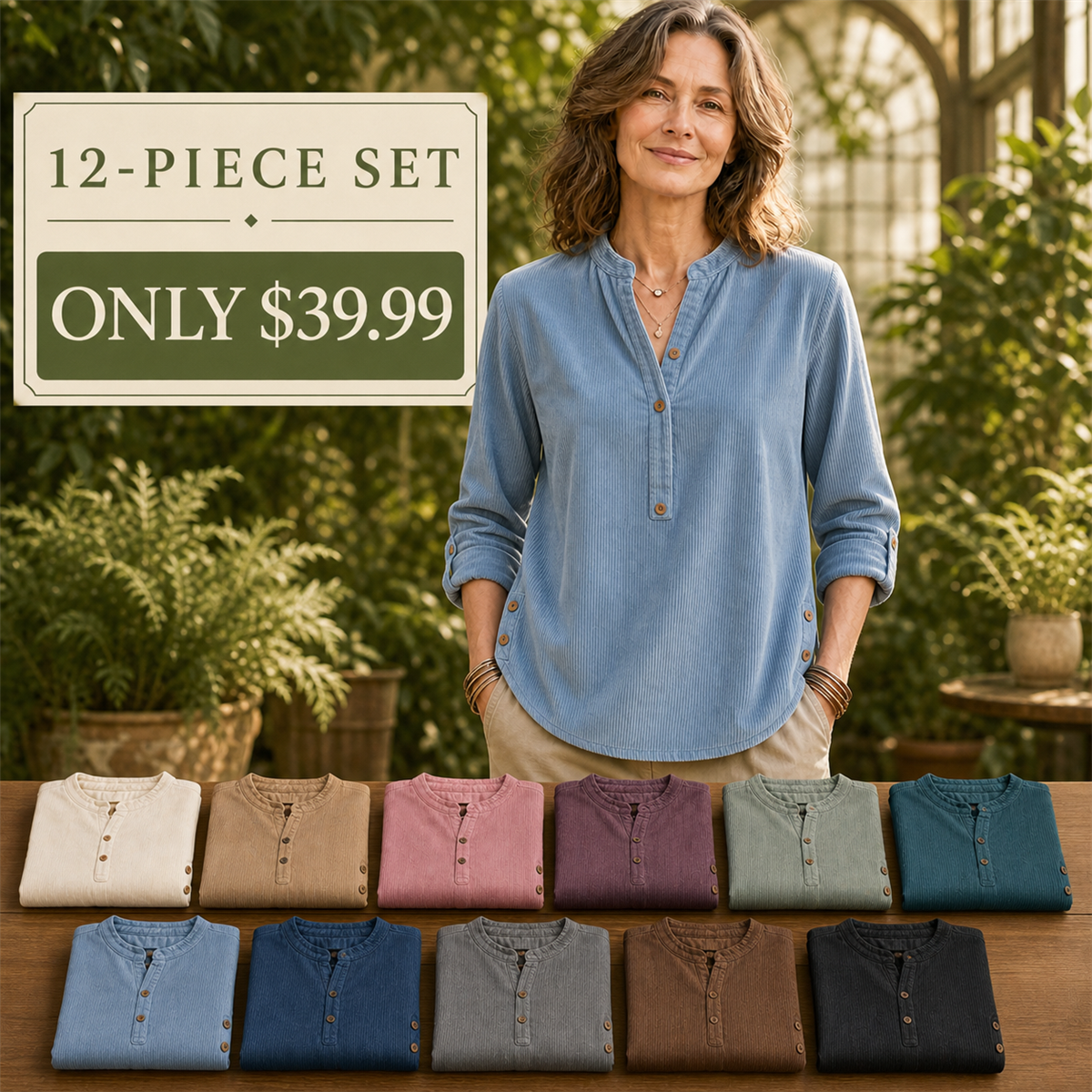 Women's twelve-piece mixed-color corduroy Henley tunic set