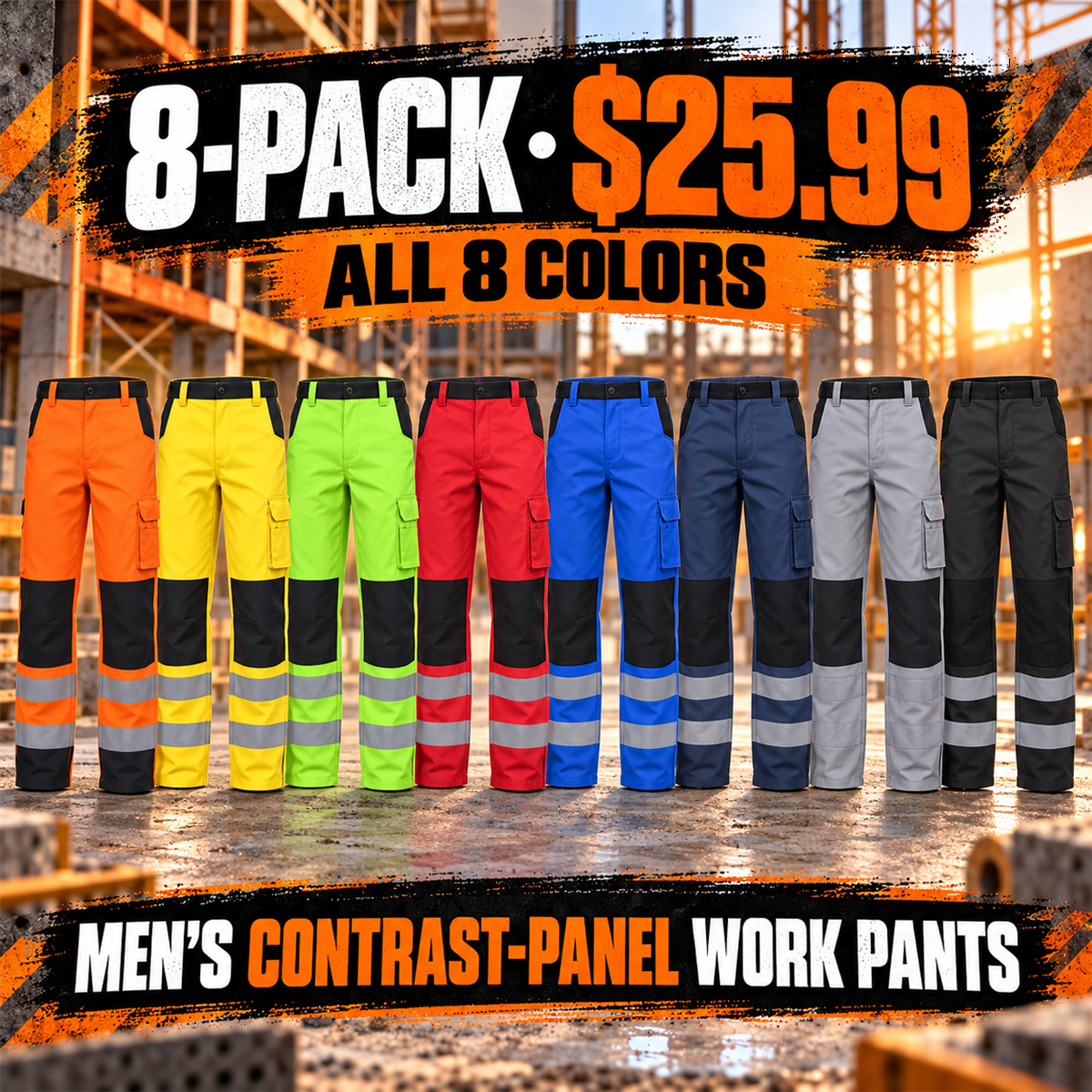 Men's Contrast-Panel Work Cargo Pants - Multipack - promotional image for the eight-pack offer