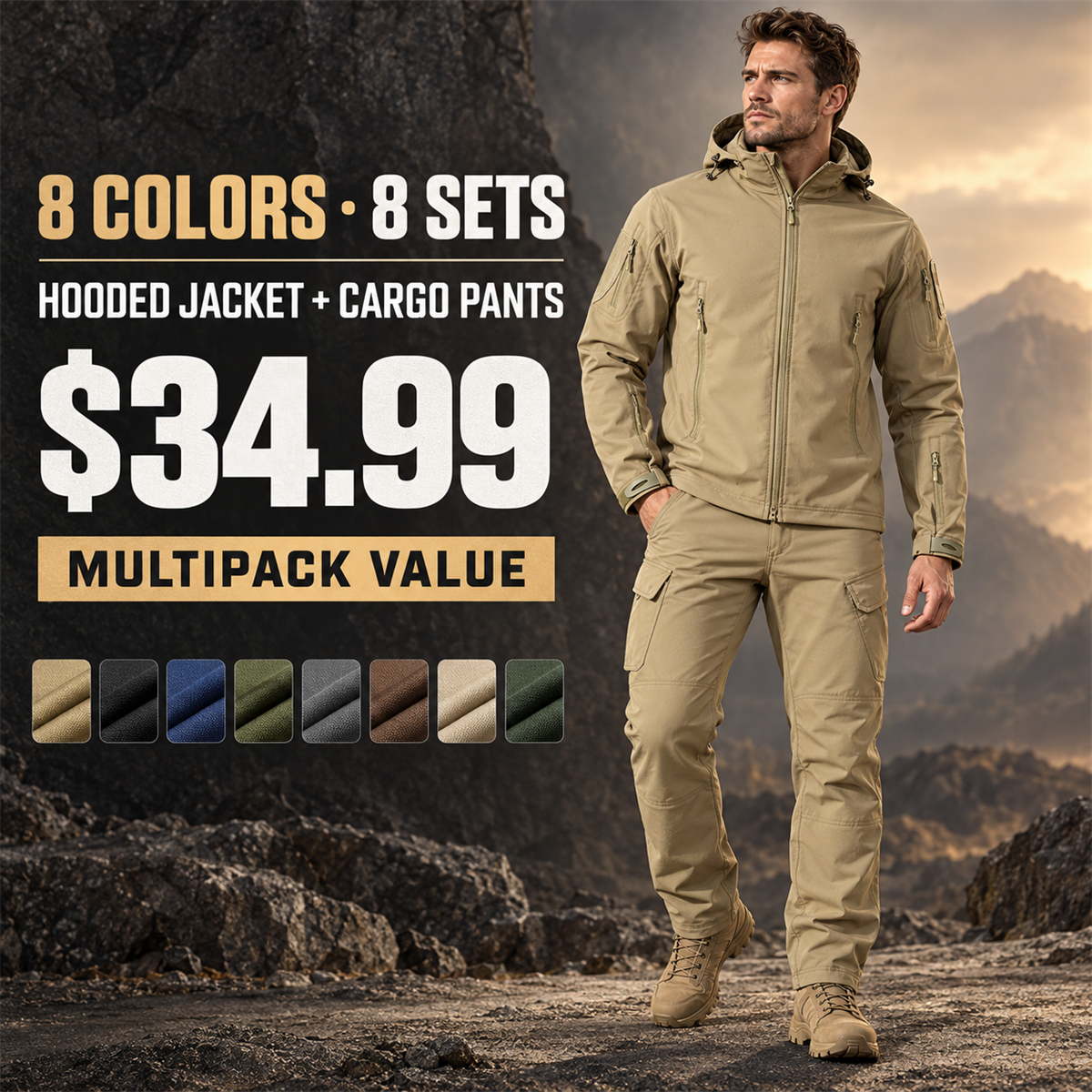 Men's Hooded Multi-Pocket Jacket & Cargo Pants Set - Multipack - promotional image for the eight-pack offer