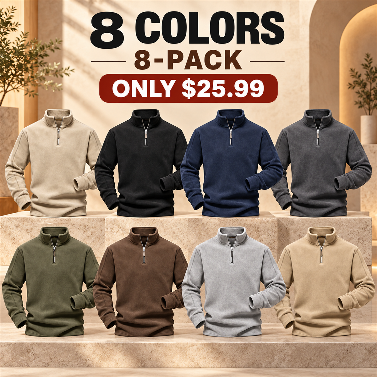 Mens Quarter-Zip Pullover offer - Beige, Black, Navy, Charcoal, Olive, Brown, Light Gray, Sand