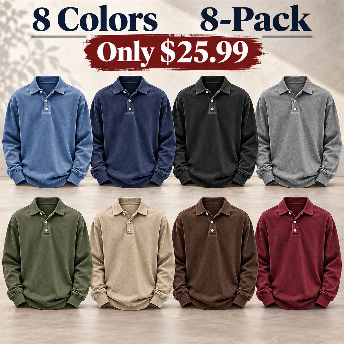 Mens Long-Sleeve Polo Pullover offer - Blue, Navy, Black, Gray, Olive, Sand, Brown, Burgundy