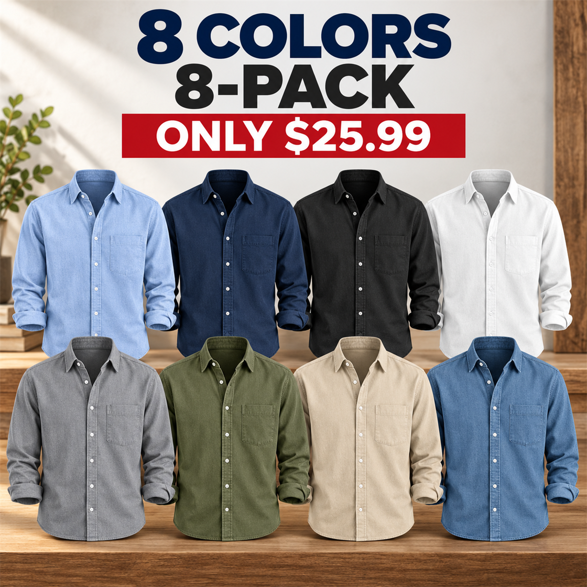 Mens Long-Sleeve Button-Front Shirt offer - Light Blue, Navy, Black, White, Gray, Olive, Sand, Denim Blue