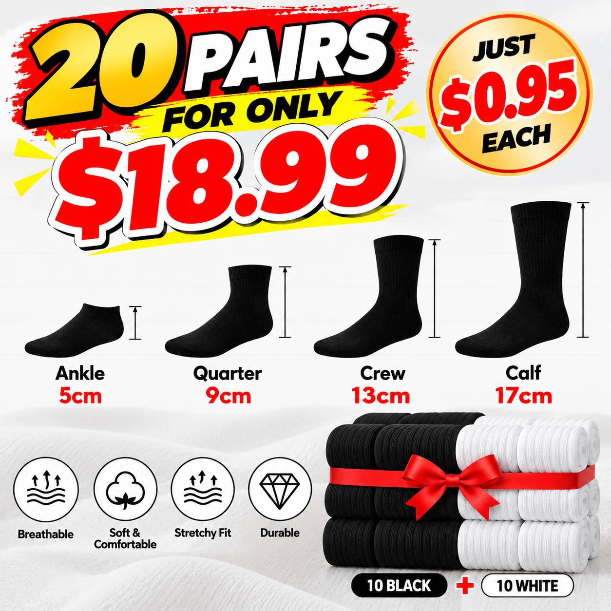 🧦 ALL-SEASON ESSENTIALS | 20 PAIRS $18.99! Unisex Cotton Socks – Comfortable Everyday & Athletic Socks