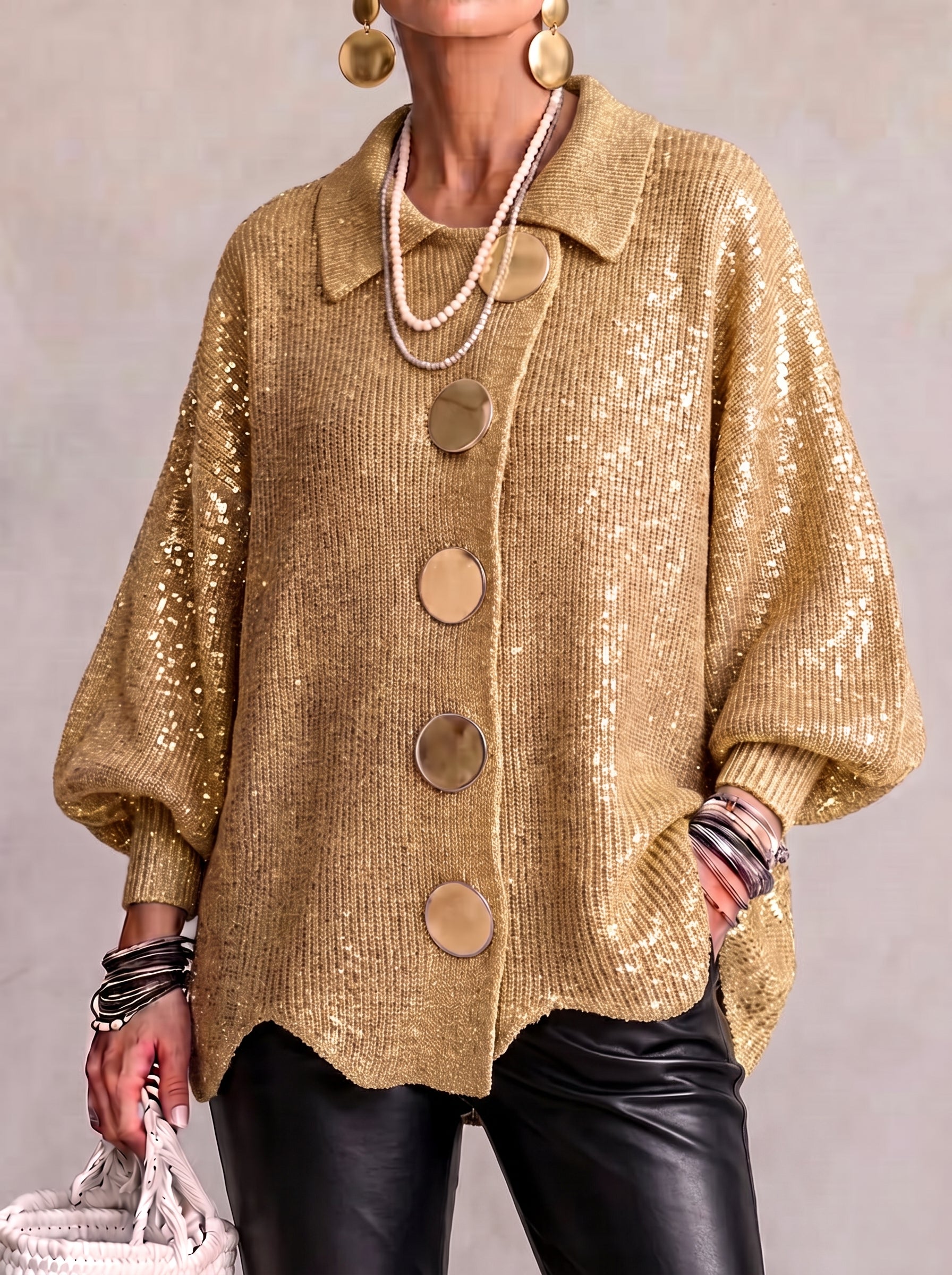 🔥 LAST DAY 49% OFF ⏰ Women's Oversized Collared Knit Cardigan – Soft Cozy Fit With Elegant Metal Buttons