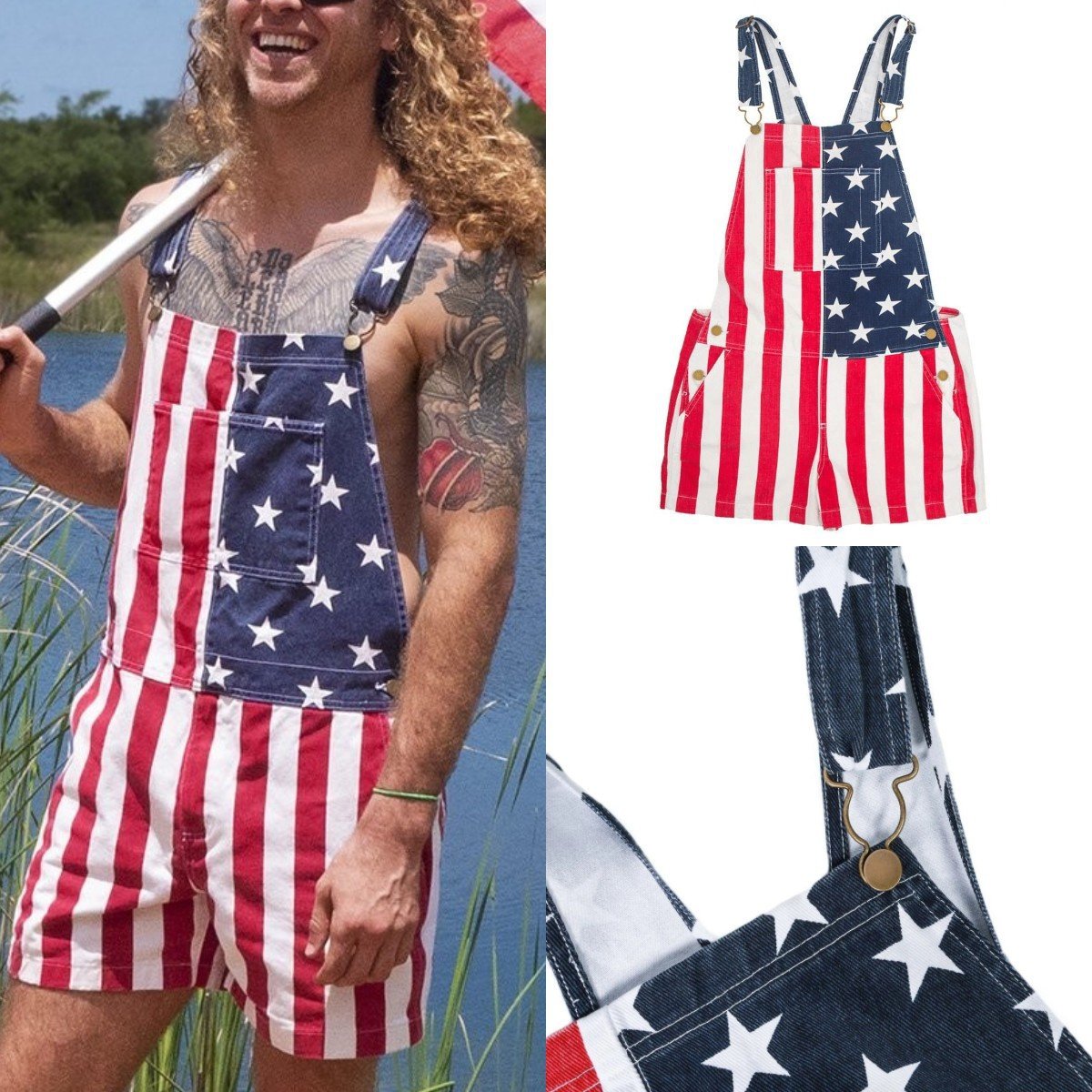 Amerikanische Flagge Latzhosen-Shorts – Unisex Sommer-Overalls