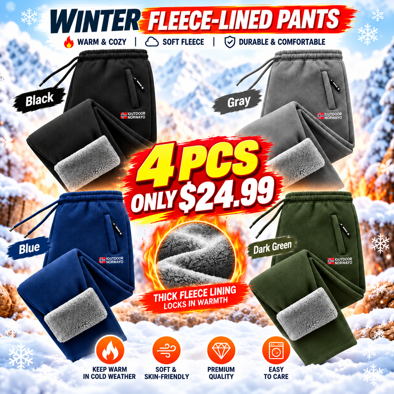 ❄️ Warm & Cozy Winter Pants for Men & Women⏳ 4 Fleece-Lined Thermal Pants for ONLY $24.99! 🔥