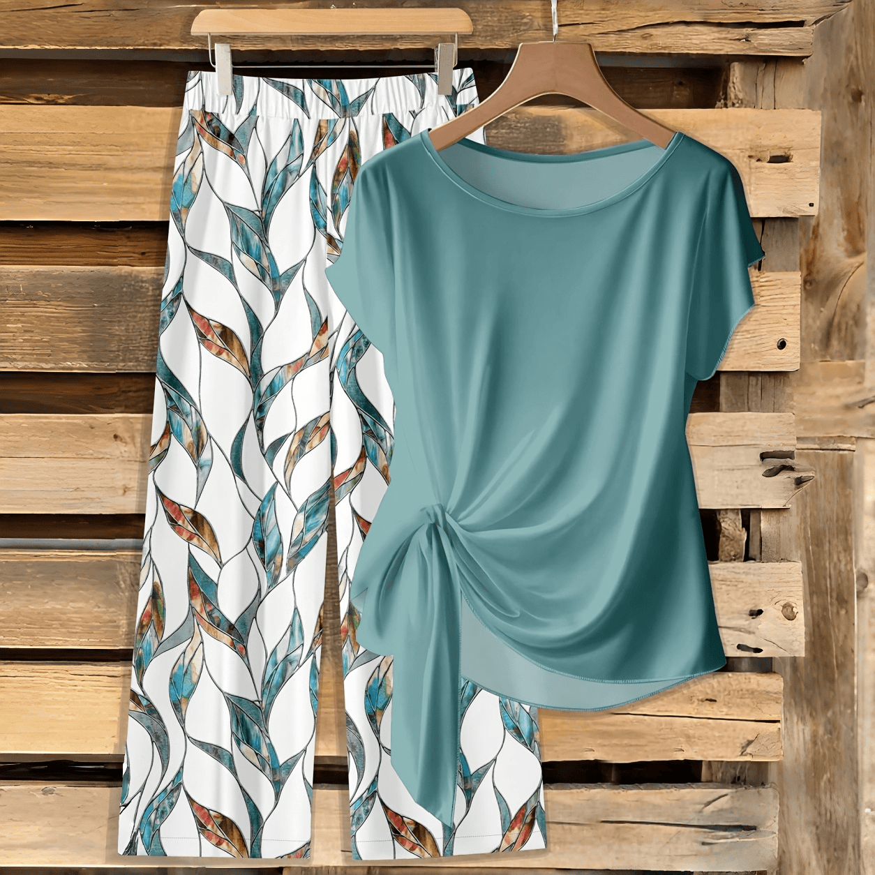 🔥 LAST DAY SALE | Women's Chic Printed Knot Shirt With Relaxed Straight Leg Pants – Casual Matching Set