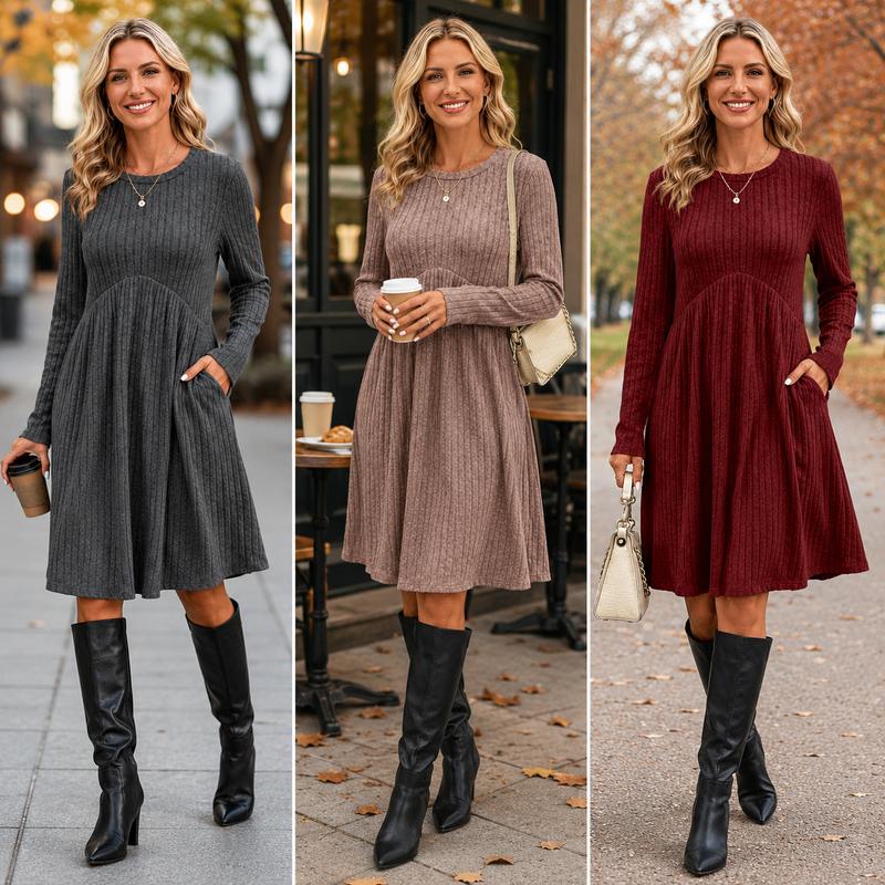 ⏳💖2026 Hot Sale 70% OFF✨🍂Flattering Shape, Effortless Style | Women's Ribbed-Knit A-Line Midi Dress