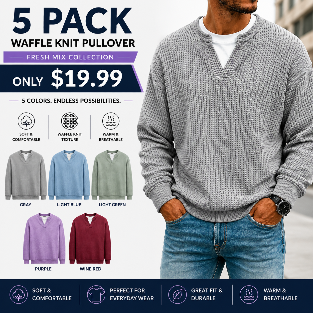 🍂 FALL & WINTER DEAL | 5 FOR $19.99 | 10 FOR ONLY $26.99! Men’s Thermal Waffle Knit Pullover – Soft & Cozy Long Sleeve Sweater
