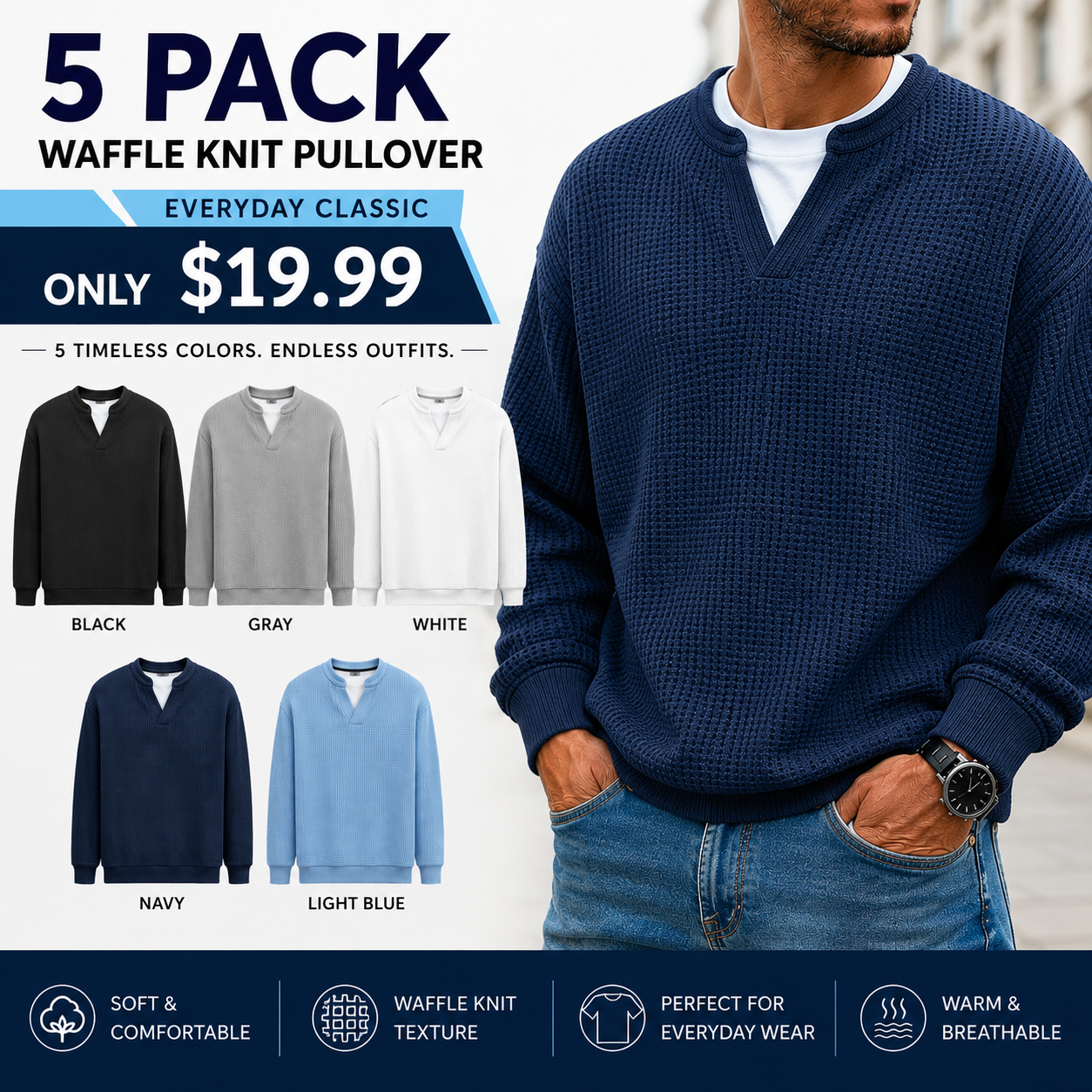 🍂 FALL & WINTER DEAL | 5 FOR $19.99 | 10 FOR ONLY $26.99! Men’s Thermal Waffle Knit Pullover – Soft & Cozy Long Sleeve Sweater