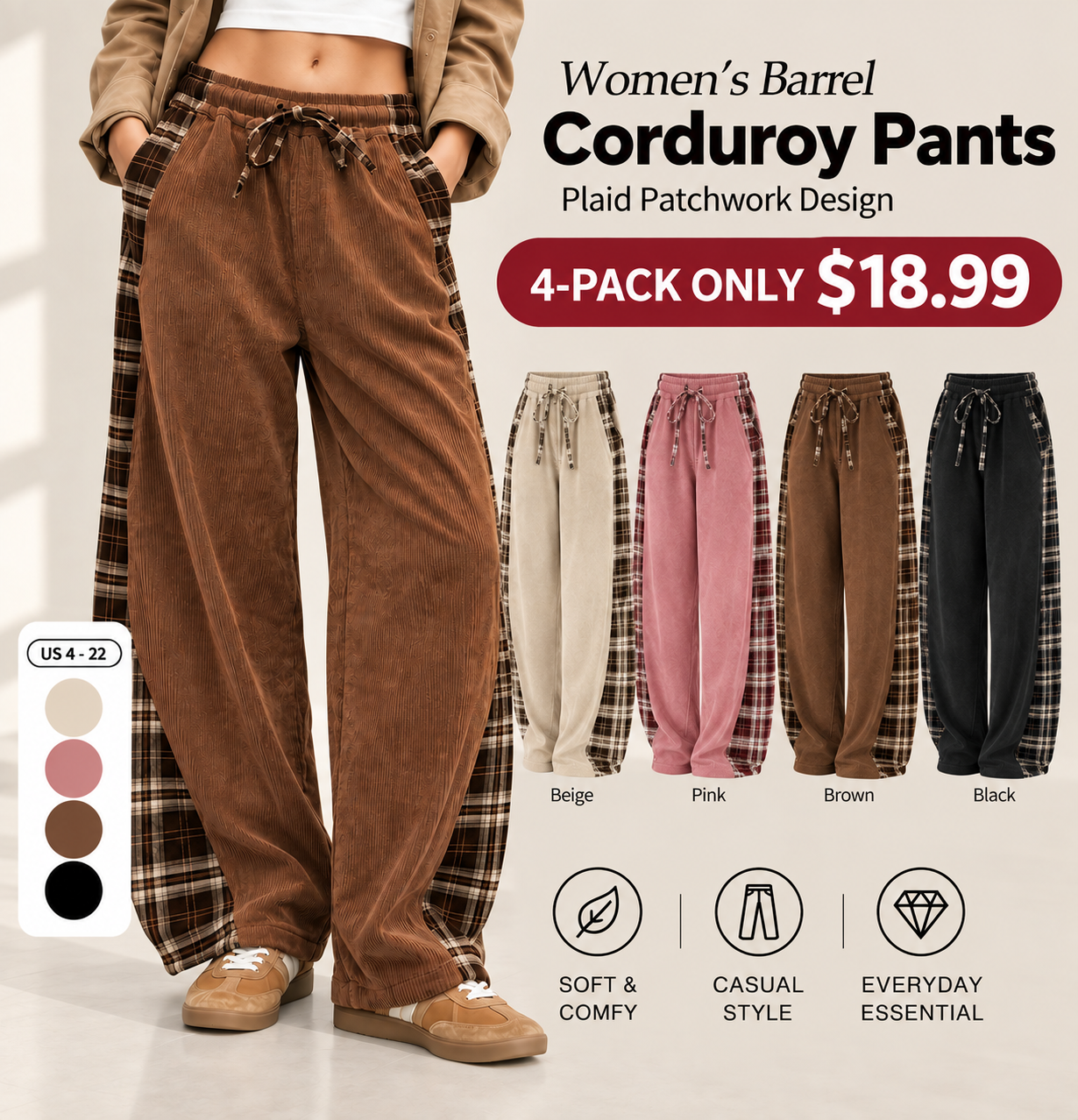 🍂 FALL SPECIAL | 4 FOR ONLY $18.99! Women’s Corduroy Barrel Pants – Plaid Patchwork Loose-Fit Casual Trousers