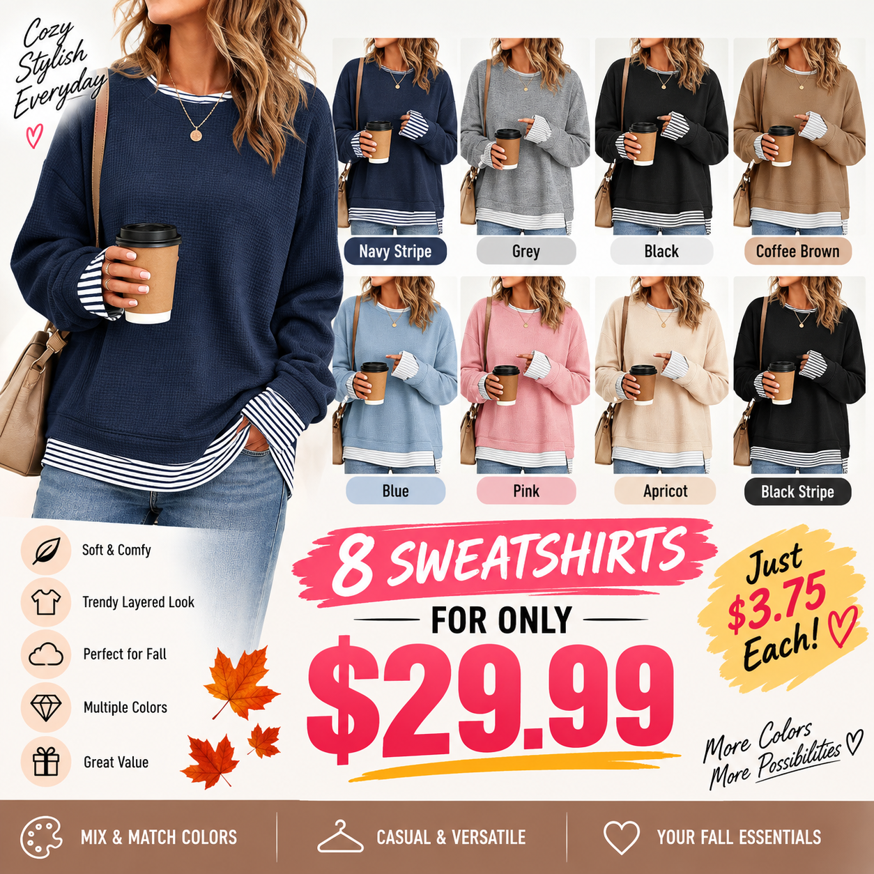 🍂 FALL SPECIAL |🔥 8 FOR ONLY $29.99! Women’s Striped Patchwork Oversized Sweatshirts – Cozy Drop Shoulder Casual Tops