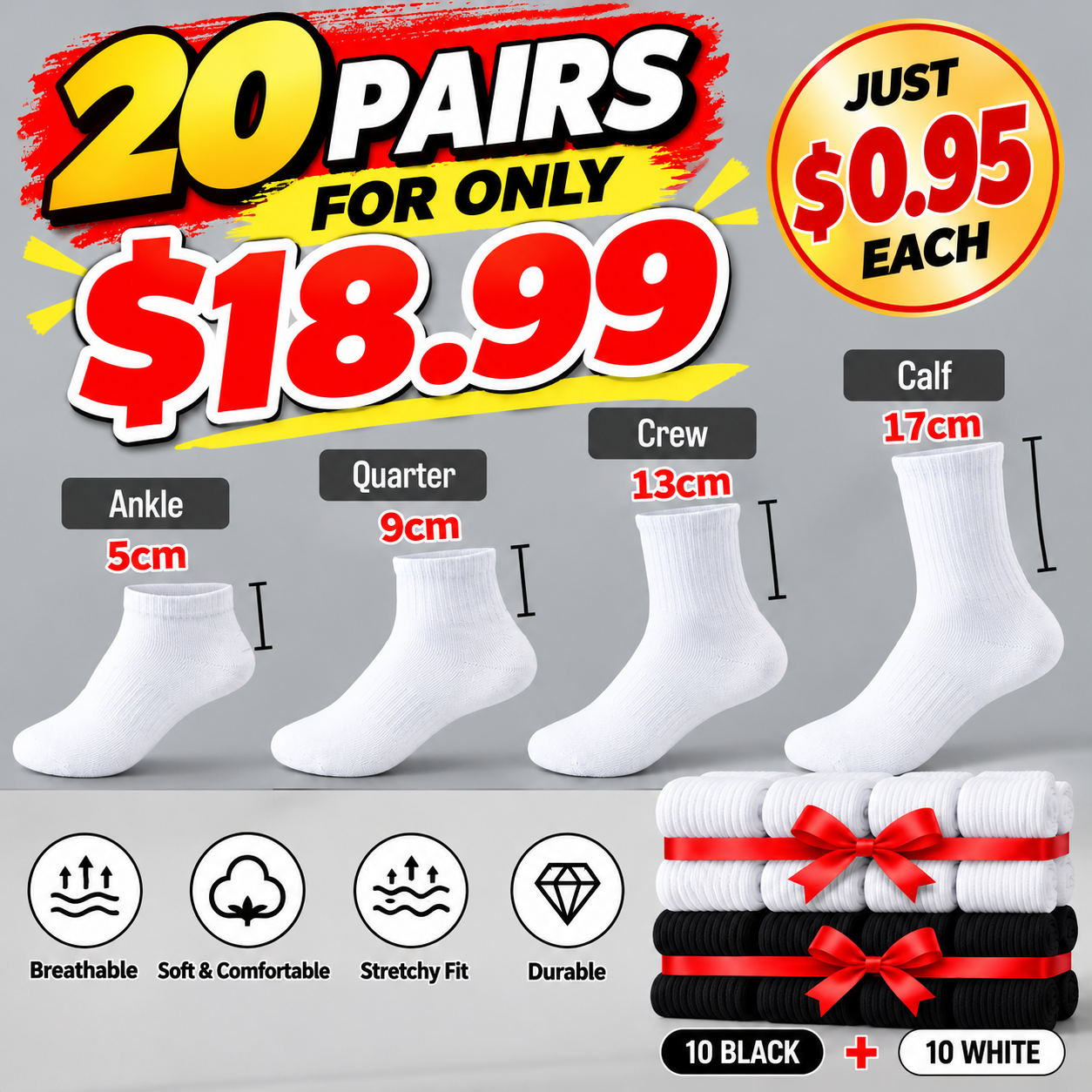 🧦 ALL-SEASON ESSENTIALS | 20 PAIRS $18.99! Unisex Cotton Socks – Comfortable Everyday & Athletic Socks