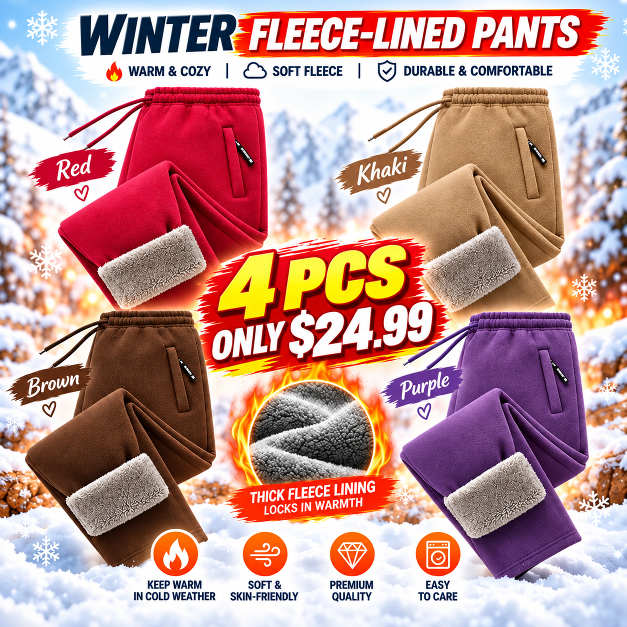 ❄️ Warm & Cozy Winter Pants for Men & Women⏳ 4 Fleece-Lined Thermal Pants for ONLY $24.99! 🔥