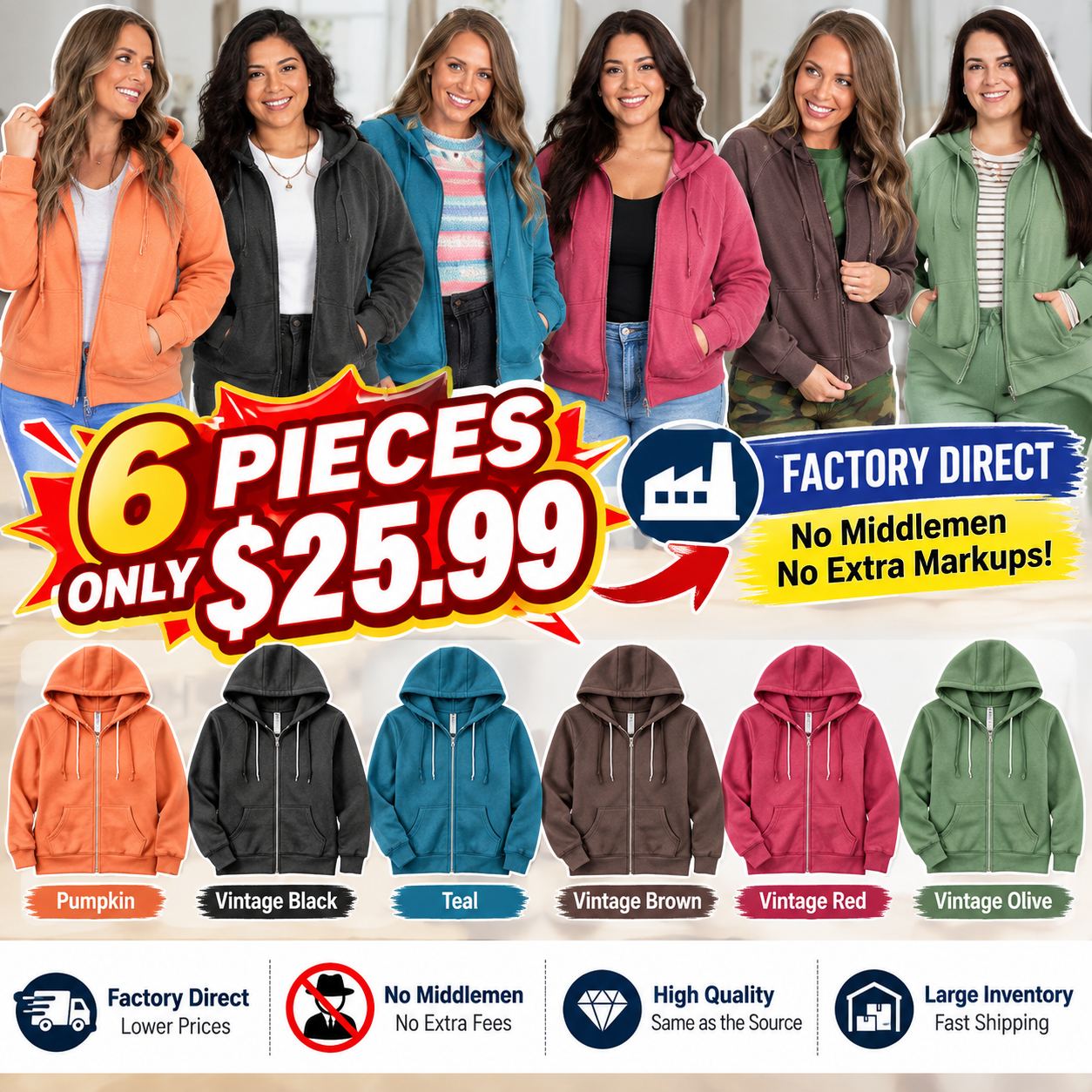 🔥 FALL SALE | 6 FOR ONLY $25.99! Women’s Cozy Campfire Full-Zip Hoodies – Soft Fleece Everyday Essentials