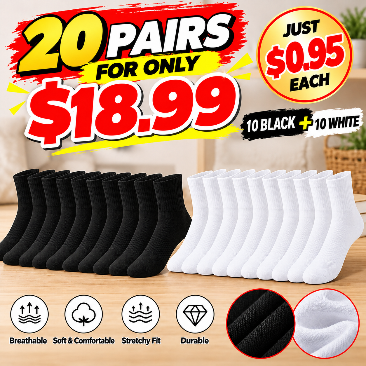 🧦 ALL-SEASON ESSENTIALS | 20 PAIRS $18.99! Unisex Cotton Socks – Comfortable Everyday & Athletic Socks