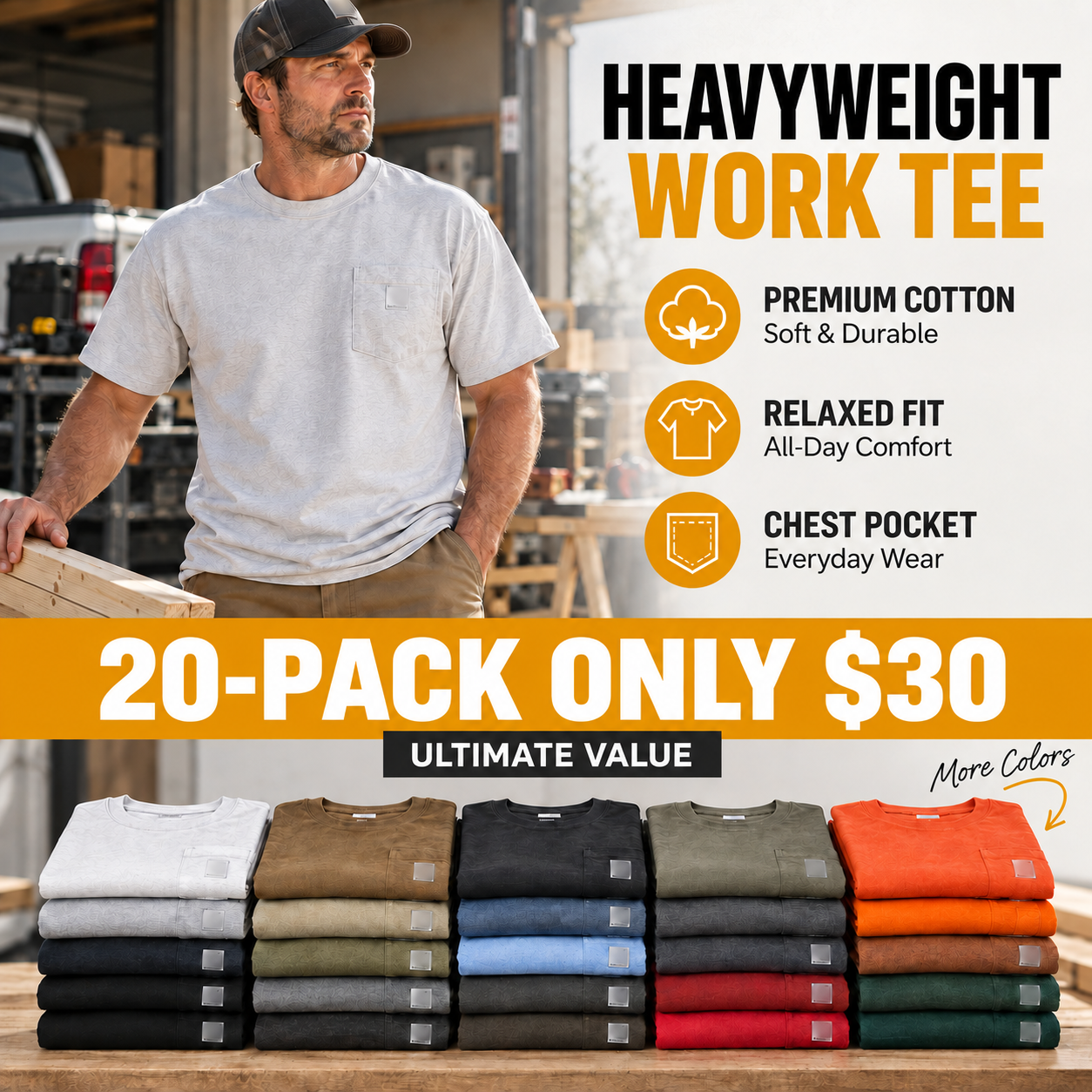 🔥 END OF SUMMER CLEARANCE | 20 FOR ONLY $29.95! Classic Heavyweight Pocket Work Tees – Relaxed Fit Everyday T-Shirts