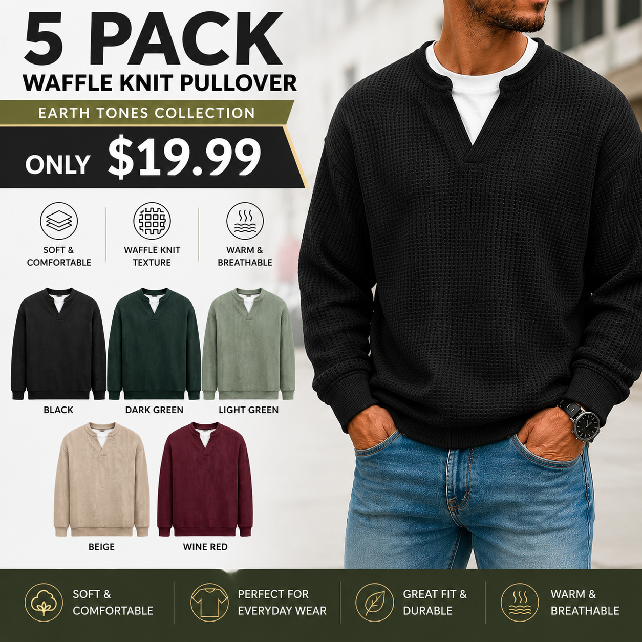 🍂 FALL & WINTER DEAL | 5 FOR $19.99 | 10 FOR ONLY $26.99! Men’s Thermal Waffle Knit Pullover – Soft & Cozy Long Sleeve Sweater