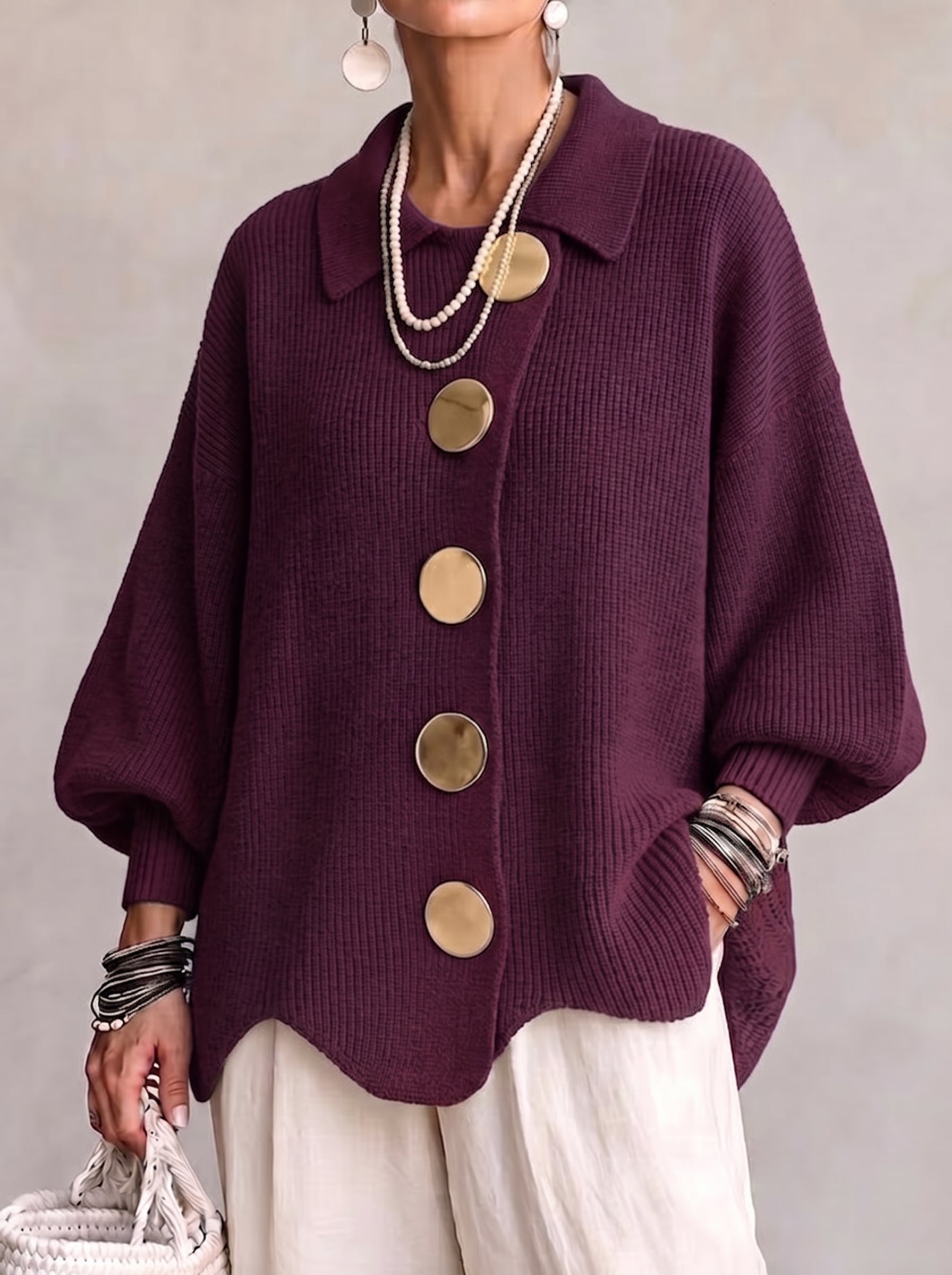 🔥 LAST DAY 49% OFF ⏰ Women's Oversized Collared Knit Cardigan – Soft Cozy Fit With Elegant Metal Buttons