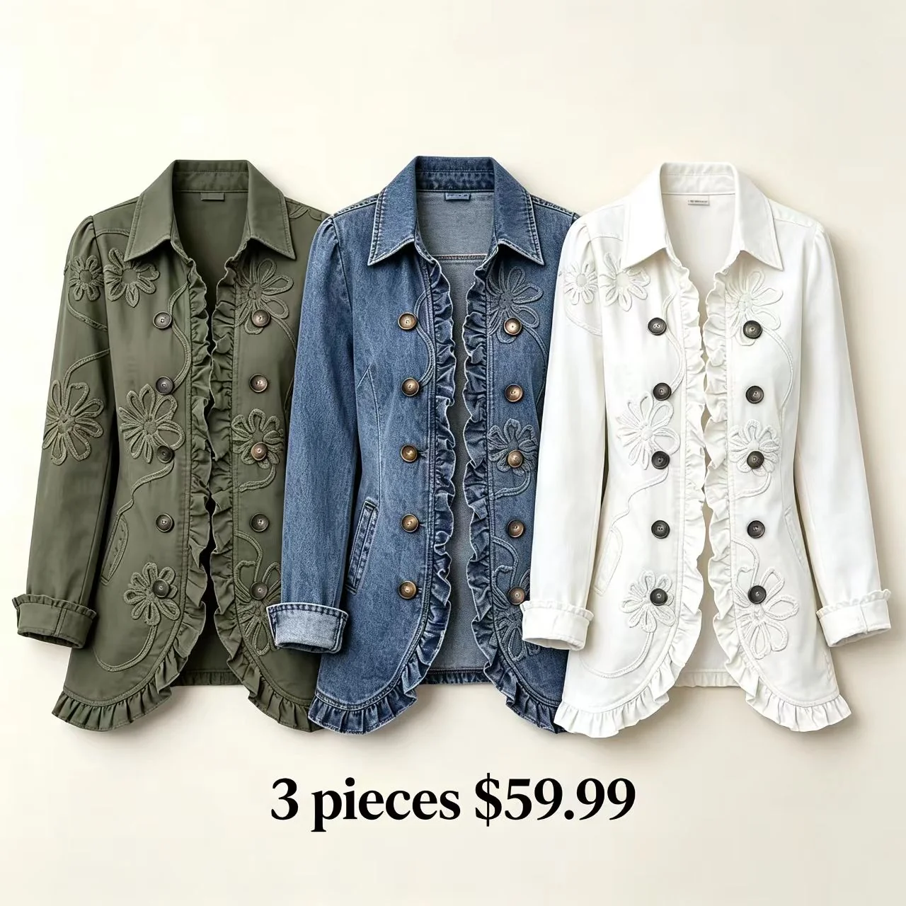 🌿🌿LAST DAY SAVE 49%⌛Boho-chic Floral Embroidered Utility Ruffled Trim Jacket
