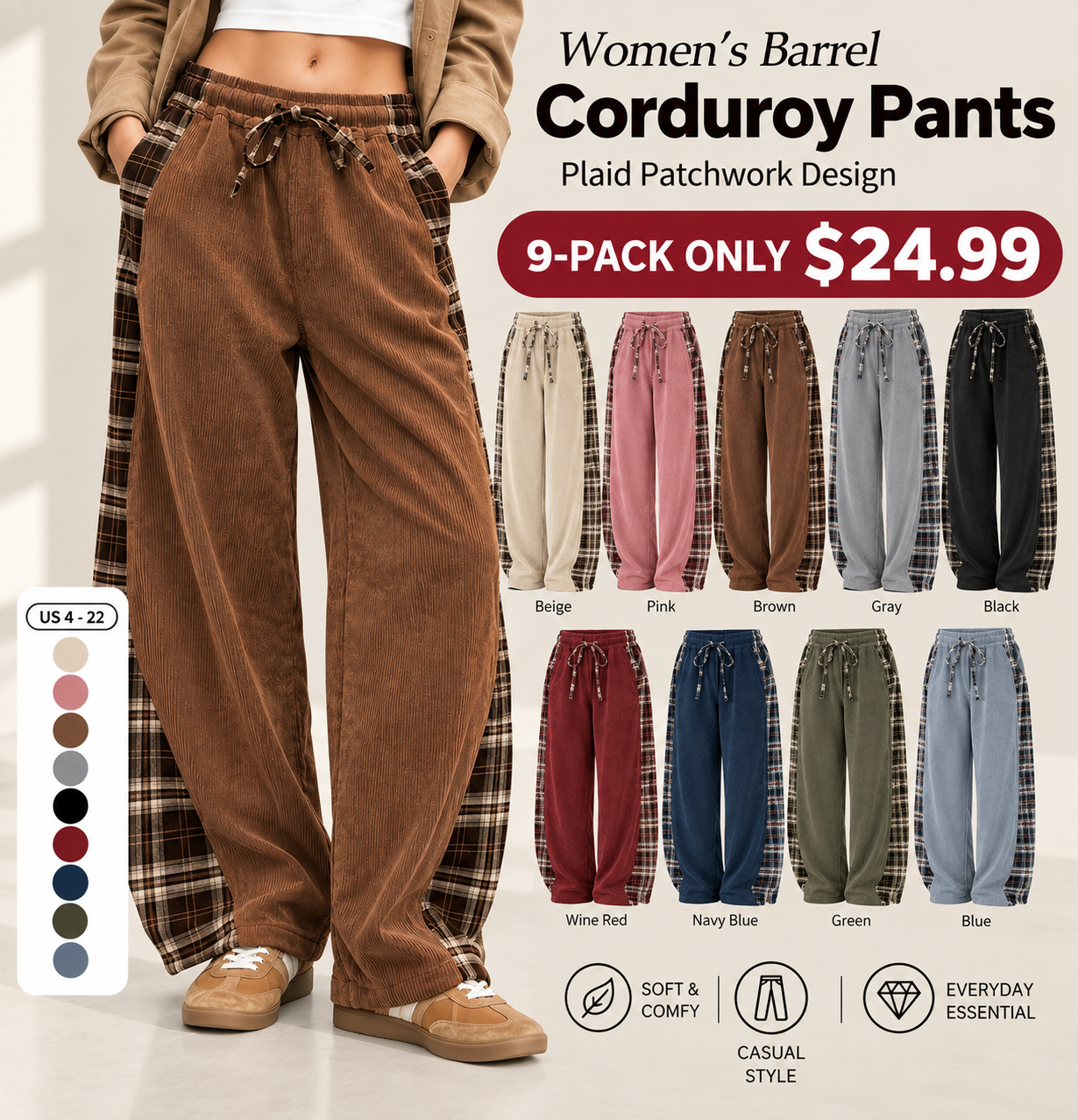 🍂 FALL SPECIAL | 4 FOR ONLY $18.99! Women’s Corduroy Barrel Pants – Plaid Patchwork Loose-Fit Casual Trousers