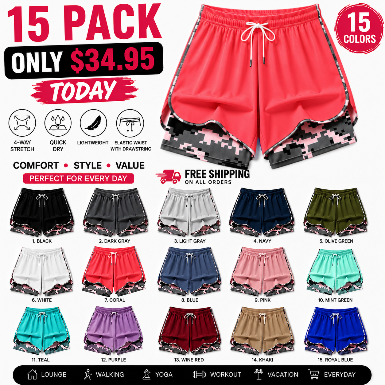 [LAST DAY SALE]Women’s casual athletic shorts with pockets