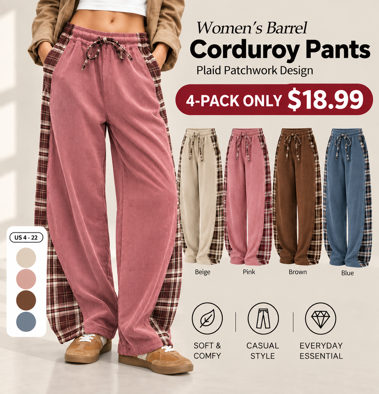 🍂 FALL SPECIAL | 4 FOR ONLY $18.99! Women’s Corduroy Barrel Pants – Plaid Patchwork Loose-Fit Casual Trousers