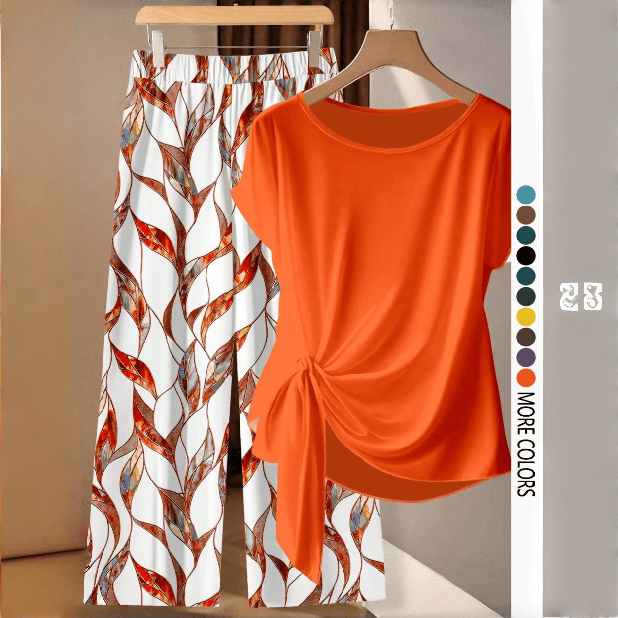 🔥 LAST DAY SALE | Women's Chic Printed Knot Shirt With Relaxed Straight Leg Pants – Casual Matching Set