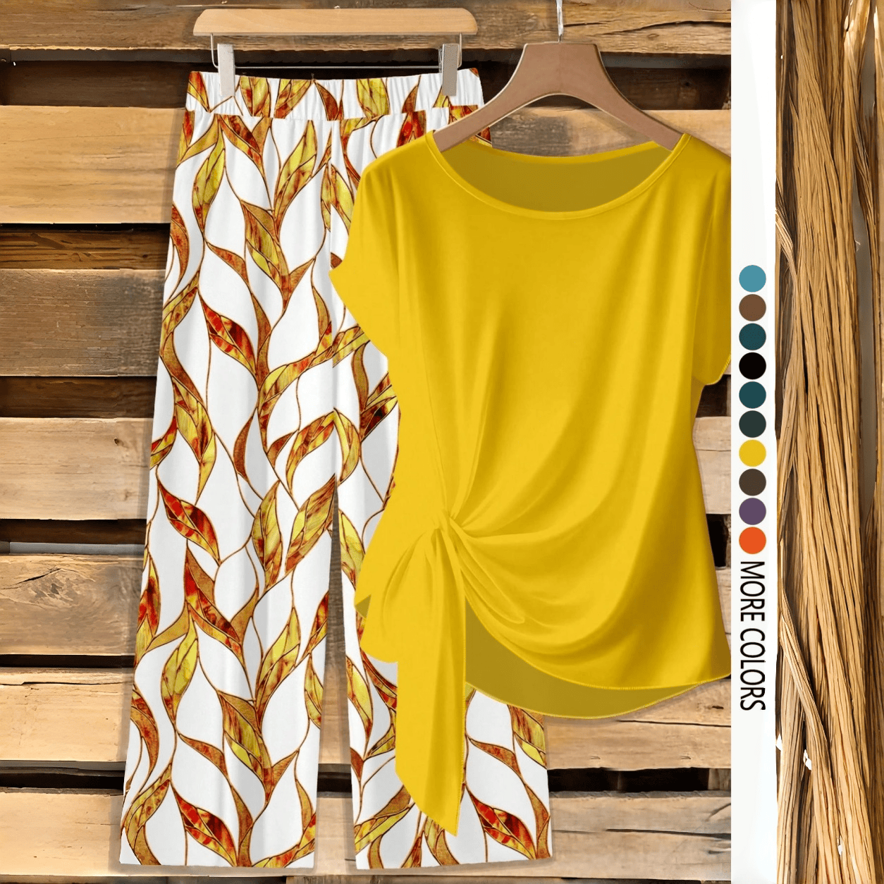 🔥 LAST DAY SALE | Women's Chic Printed Knot Shirt With Relaxed Straight Leg Pants – Casual Matching Set