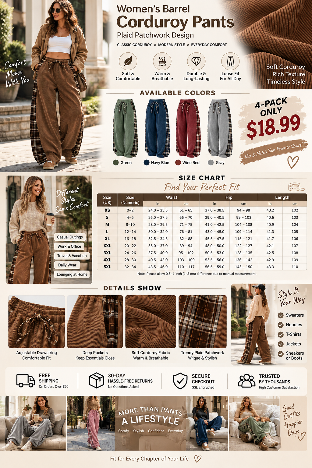 🍂 FALL SPECIAL | 4 FOR ONLY $18.99! Women’s Corduroy Barrel Pants – Plaid Patchwork Loose-Fit Casual Trousers