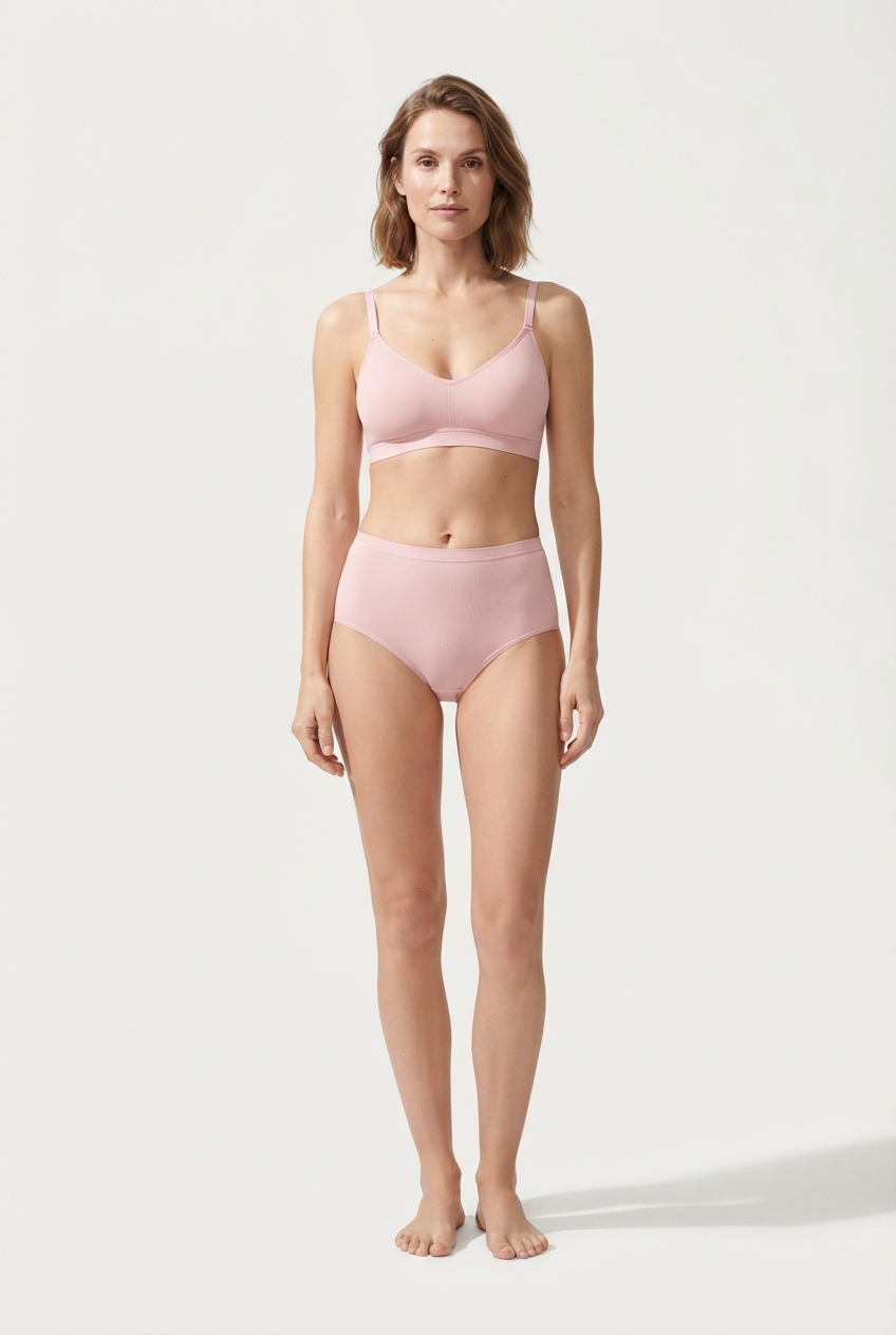 Minimalist light pink balconette bra and brief lingerie set full view on model