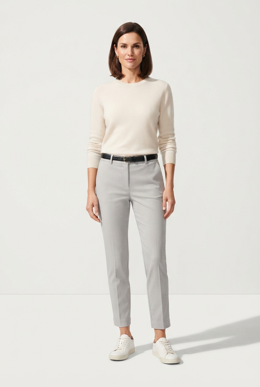 Minimalist light gray slim ankle women's pants full view on model