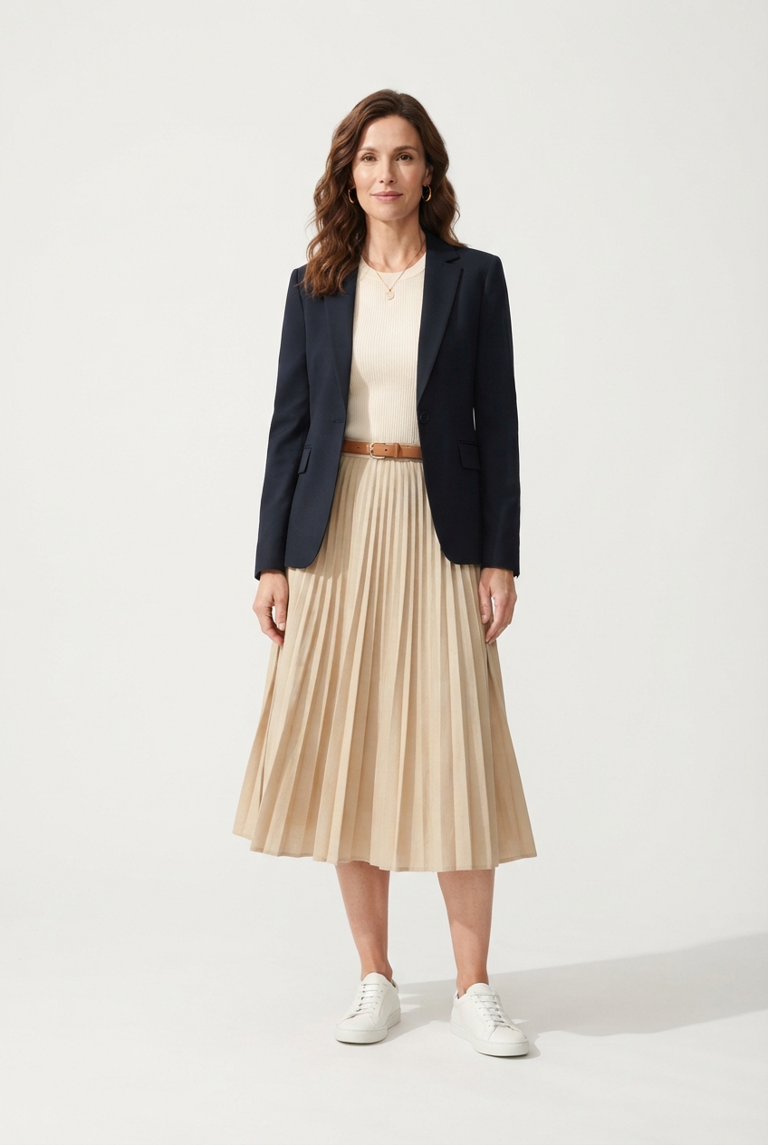 Minimalist beige A-line midi skirt full view on model